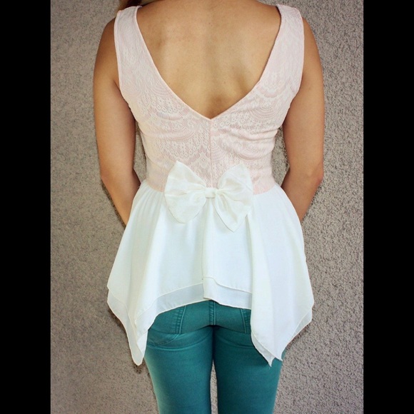 Pink and Ivory Bow Back Peplum Top - Picture 5 of 9